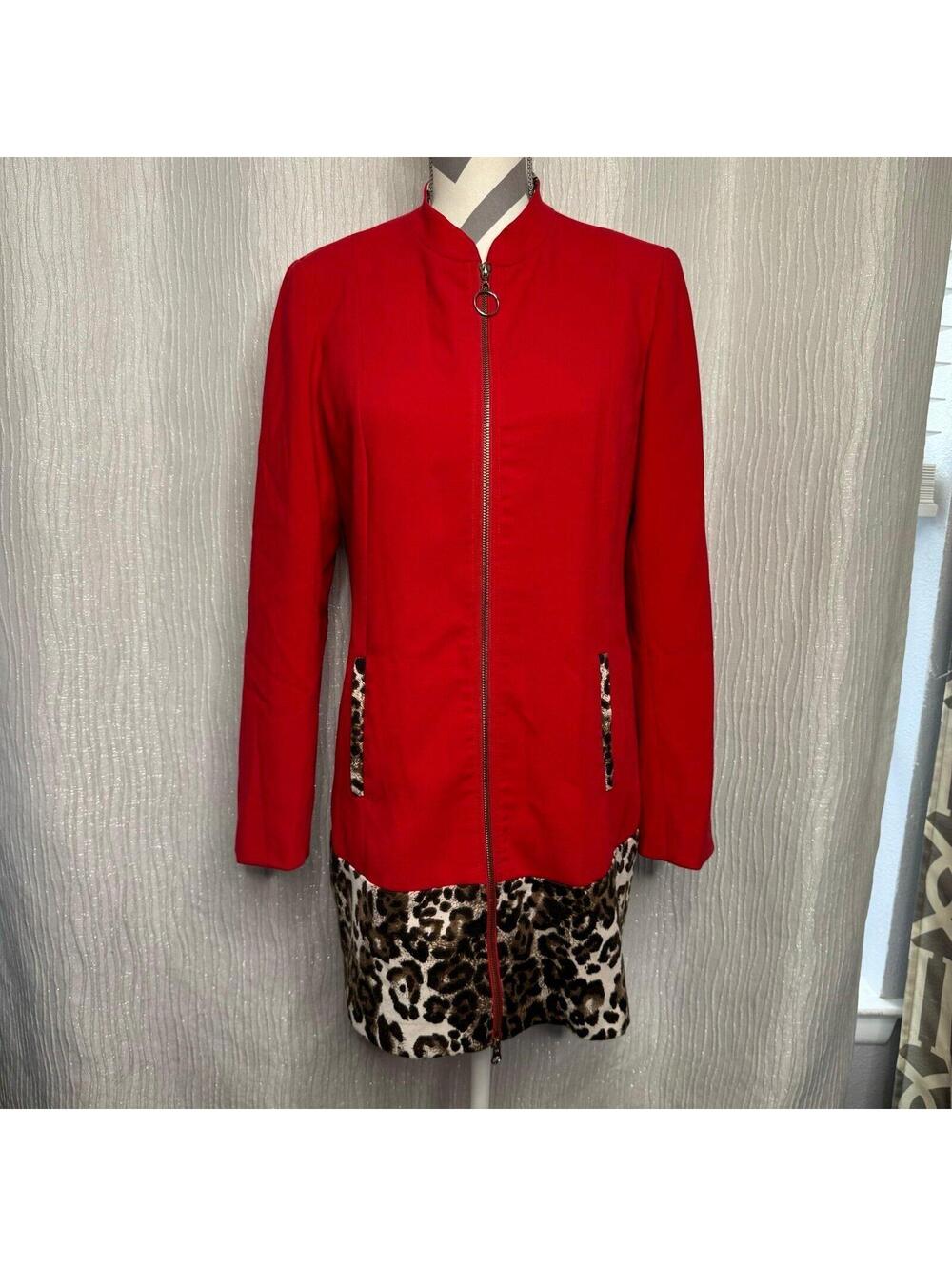 Kelly and Diane Womens Size 8 Jacket Red w Animal Print Hem Long Line 2 Way Zip